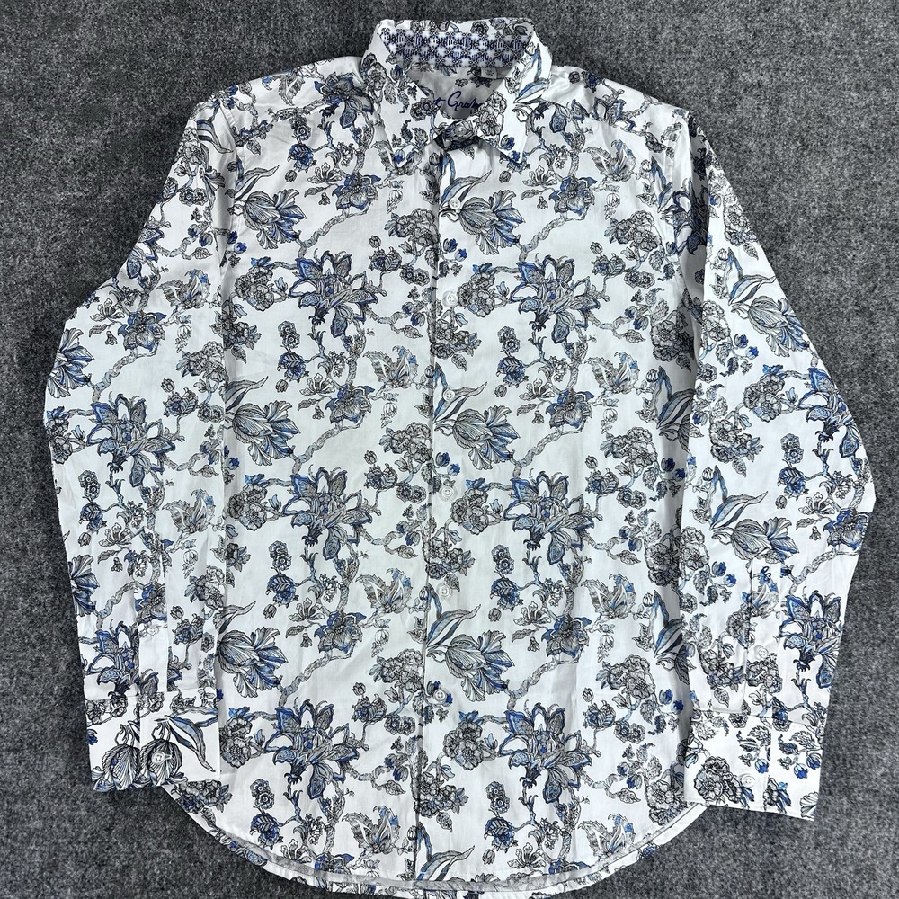 Robert Graham Geometric Floral Vibrant Print‎ Sport Shirt White Blue Medium $198